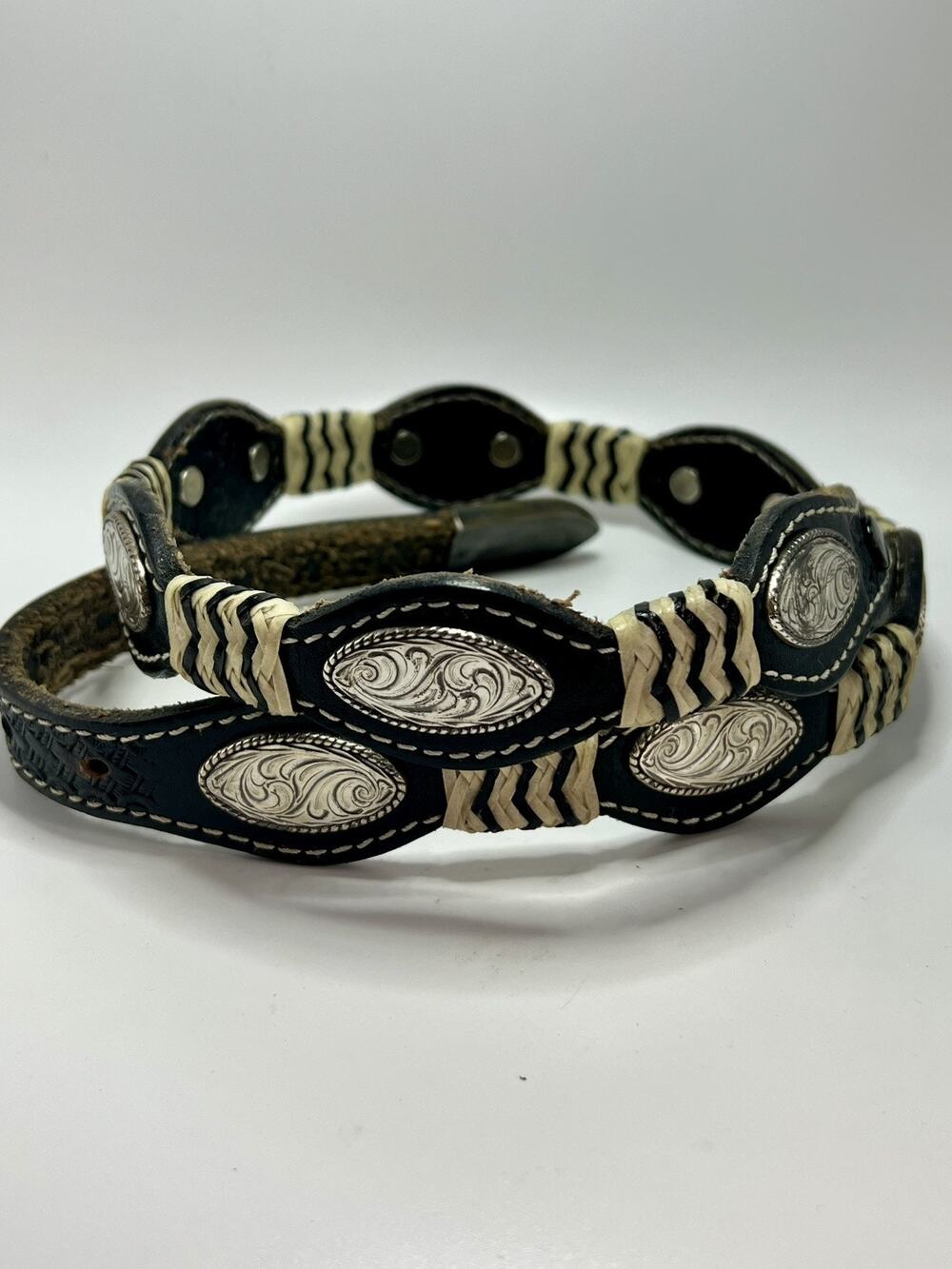 NOCONA 34” Concho Belt Silver 14K Gold Fill on Hand Tooled Leather Belt VTG READ